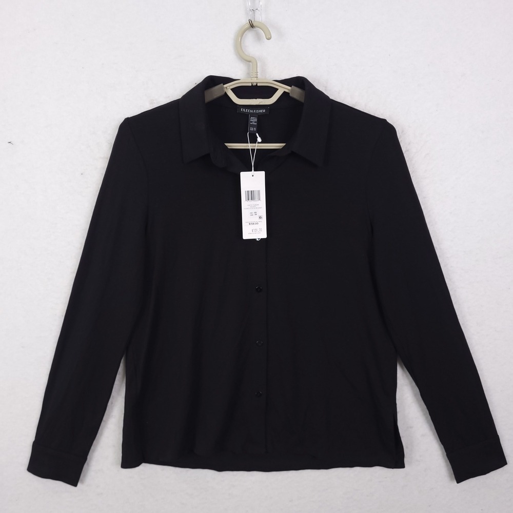 Eileen Fisher Slim Button Shirt Womens XS Black Button Down Luxury Old Money